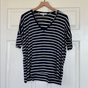 Amour Vert Navy and White Striped V-Neck Top